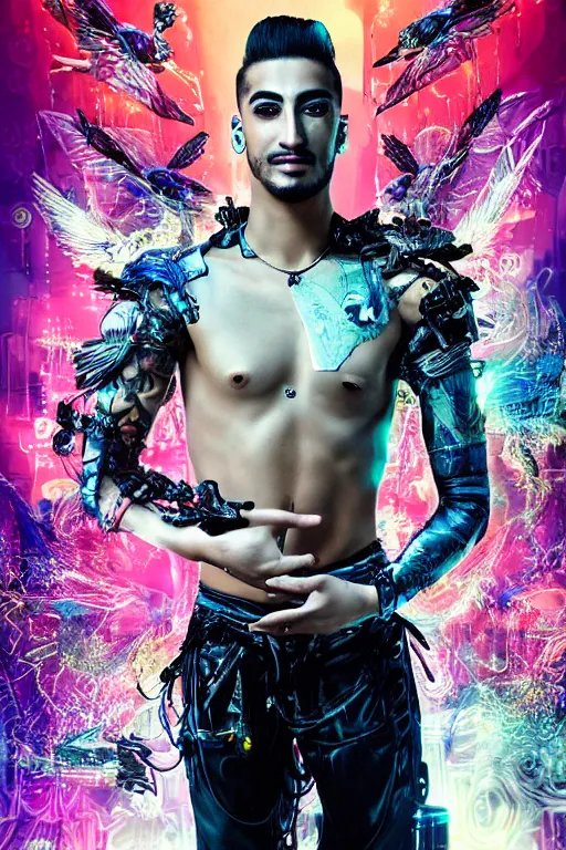 Image similar to full-body cyberpunk style sculpture of handsome singer Maluma as a half cyborg with a chest opening exposing circuitry and electric sparks, glowing pink eyes, crown of blue flowers, flowing salmon-colored silk, fabric, raptors. baroque elements. full-length view. baroque element. intricate artwork by caravaggio. many many birds birds on background. Trending on artstation, octane render, cinematic lighting from the right, hyper realism, octane render, 8k, depth of field, 3D