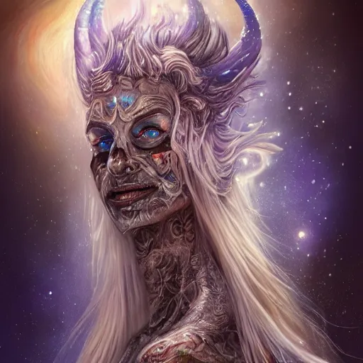 Image similar to a wlop 3 d render of very very very very highly detailed beautiful mystic portrait of a phantom undead unicorn with whirling galaxy around, tattoos by anton pieck, intricate, extremely detailed, digital painting, artstation, concept art, smooth, sharp focus, illustration, intimidating lighting, incredible art,