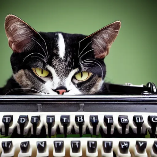 Prompt: cat wearing finest tuxedo, writing memoirs on antique typewriter