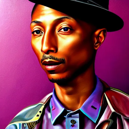 Prompt: : pharrell, intricate, elegant, highly detailed, digital painting, kehine wiley art style, artstation, concept art, smooth, sharp focus, luxury fashion, brightly lit cinematic soft lighting, photorealistic