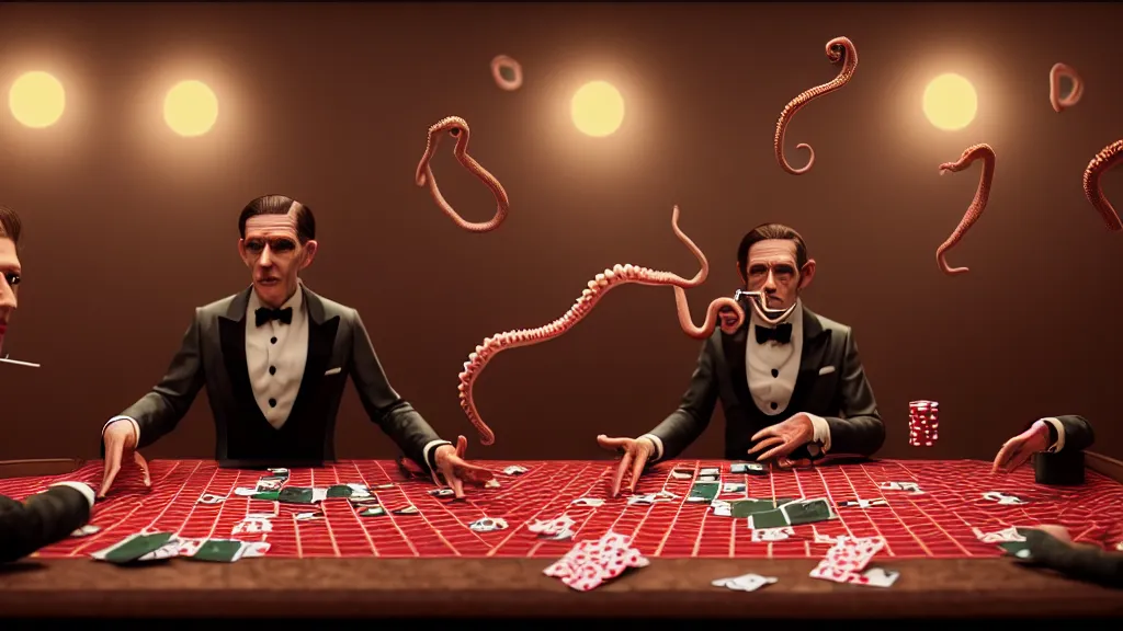 Image similar to hyperrealism simulation highly detailed human octopuses'wearing detailed tuxedos and smoking, playing poker in surreal scene from art house movie from future by wes anderson and denis villeneuve and mike winkelmann rendered in blender and octane render