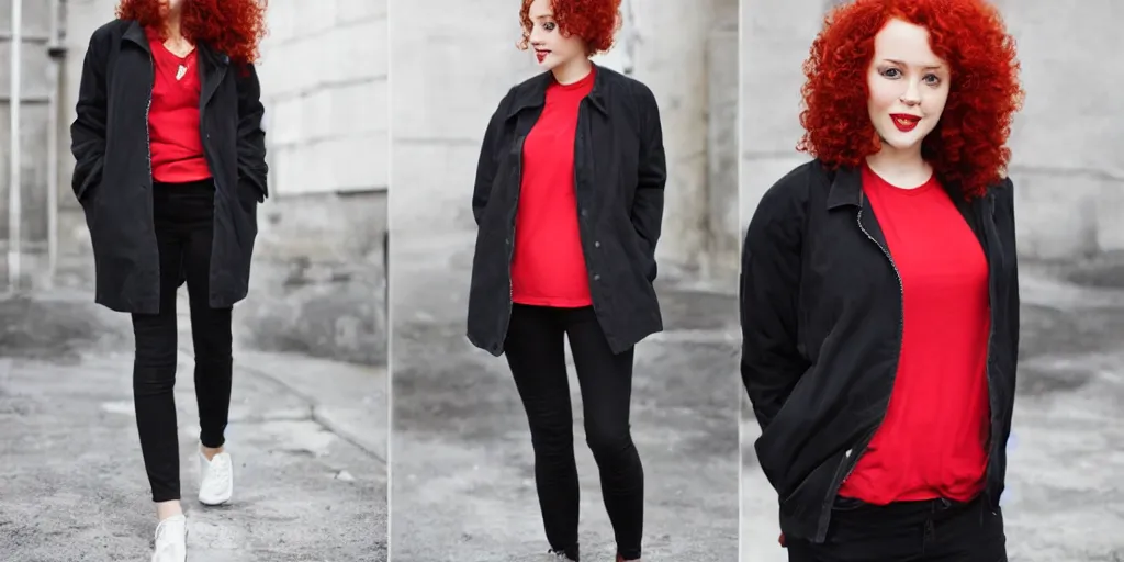 Image similar to man, red hair, black jacket, curly hair, fullbody, Caucasian, short hair,