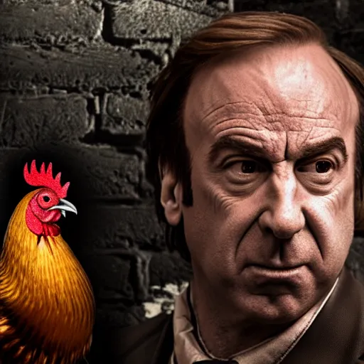 Image similar to saul goodman and a rooster in a medieval torture chamber, saw blades and knives in the background, horror movie, saul goodman, rooster!!!!, real life photo, highly detailed face