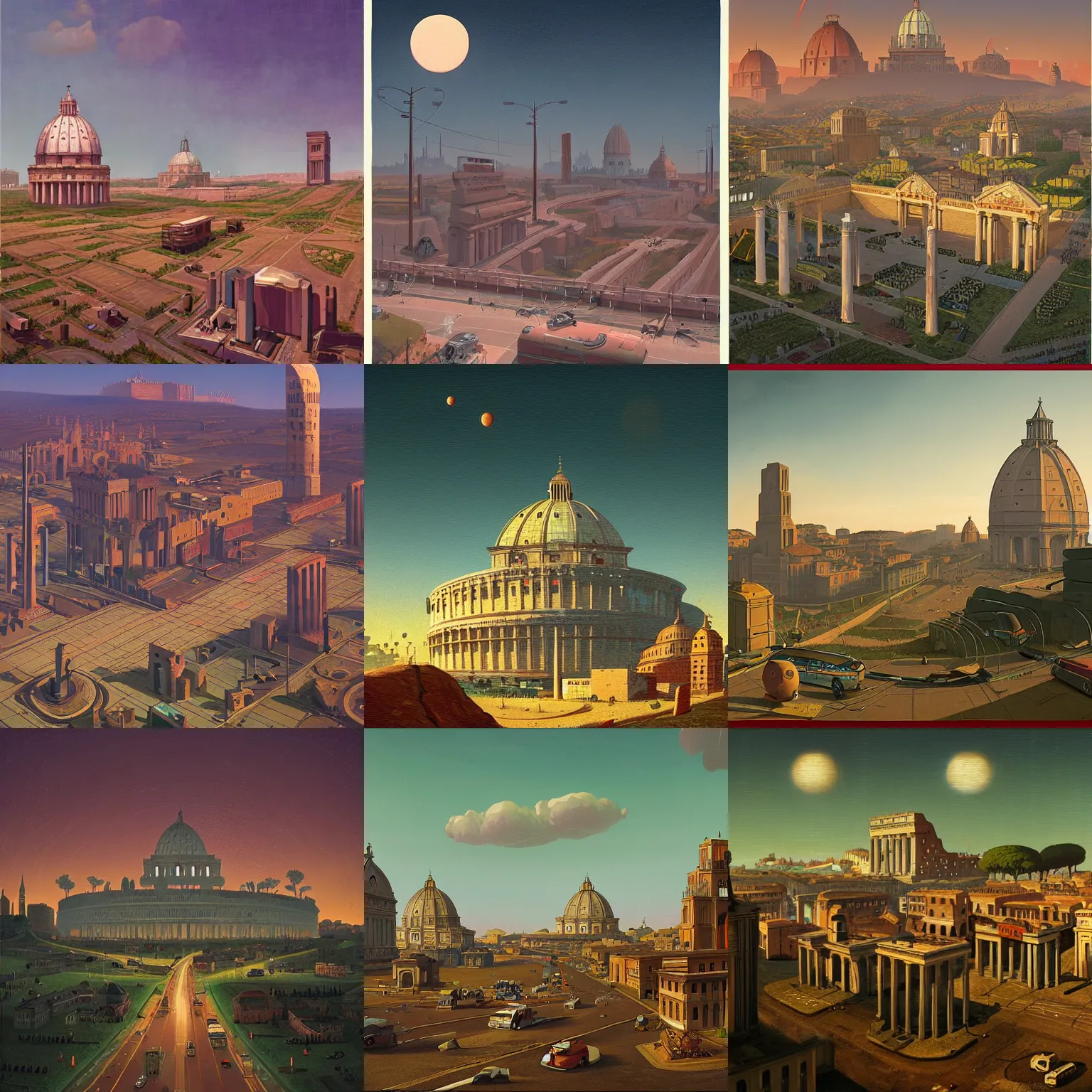 Prompt: rome in the year 2 0 7 7 by simon stalenhag and grant wood