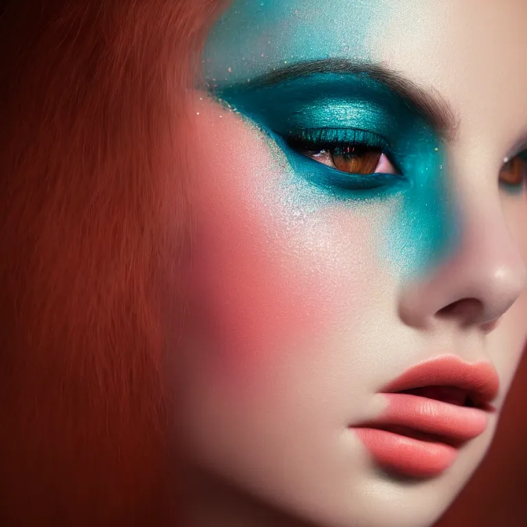 Prompt: amazing closeup portrait of a young woman with beautiful colorful make up by Sir John, Pat McGrath, perfect colorful teal orange eyeshadows, 50mm portrait, beautiful detailed intricate insanely detailed octane render trending on Artstation, 8K artistic photography, photorealistic, dramatic volumetric cinematic perfect light, chiaroscuro, award-winning photograph, masterpiece, Raphael, Caravaggio, harsh flash photography