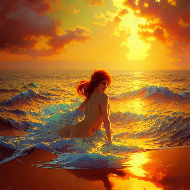 Image similar to backlit ocean waves of glossy kaleidoscopic liquid honey drops flowing like psychedelic translucent amber, lsd waves, lsd ripples, backlit, sunset, refracted lighting, art by collier, albert aublet, krenz cushart, artem demura, alphonse mucha