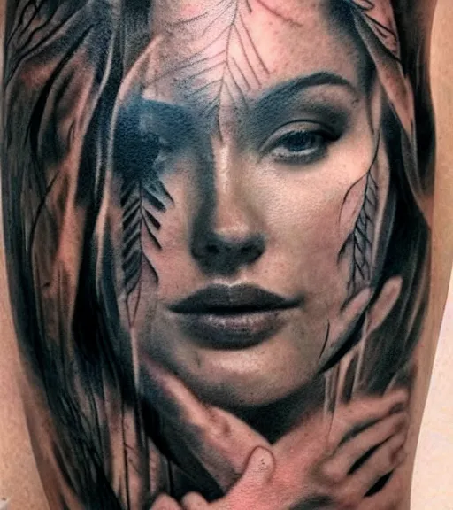 Prompt: realism tattoo sketch of a beautiful woman's face double exposure effect with beautiful nature scenery, in the style of matteo pasqualin, amazing detail, sharp, faded
