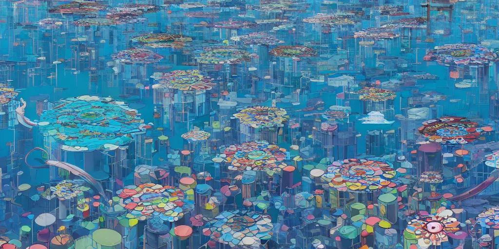 Image similar to a city floating above the sea by takashi murakami,, beeple and james jean, aya takano color style, 4 k, super detailed, night sky, digital art, digital painting, celestial, majestic, colorful