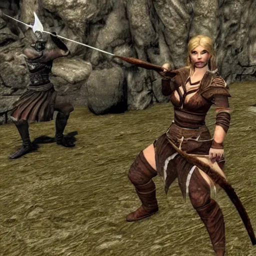 Prompt: a skyrim babe shooting a guard in the knee with an arrow