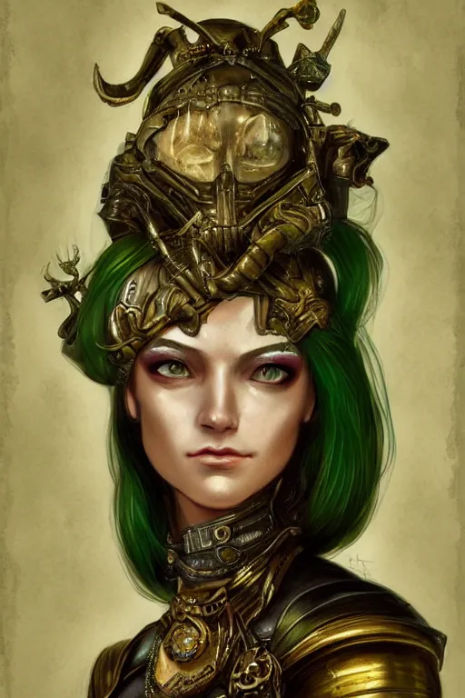 Prompt: portrait, headshot, digital painting, of a 17th century, beautiful, wicked, cyborg merchant girl, dark hair, amber jewels, baroque, ornate dark green clothing, scifi, futuristic, realistic, hyperdetailed, concept art, art waterhouse