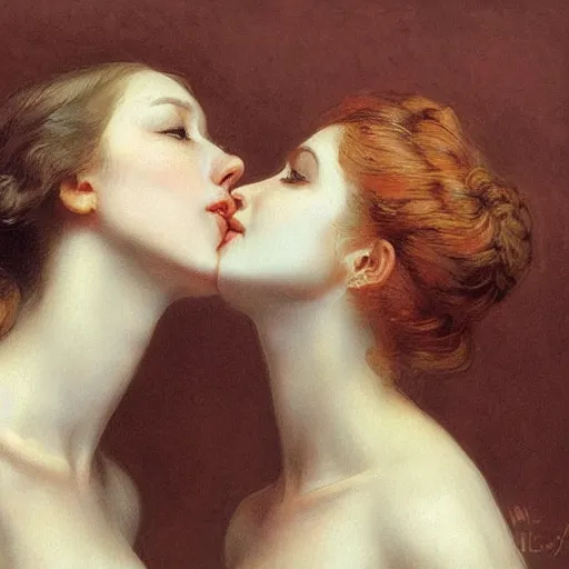 Prompt: Two beautiful women leaning in for a kiss, vertical symmetry, vintage shading, romance, photorealistic, highly detailed, by Ilya Repin and artgerm