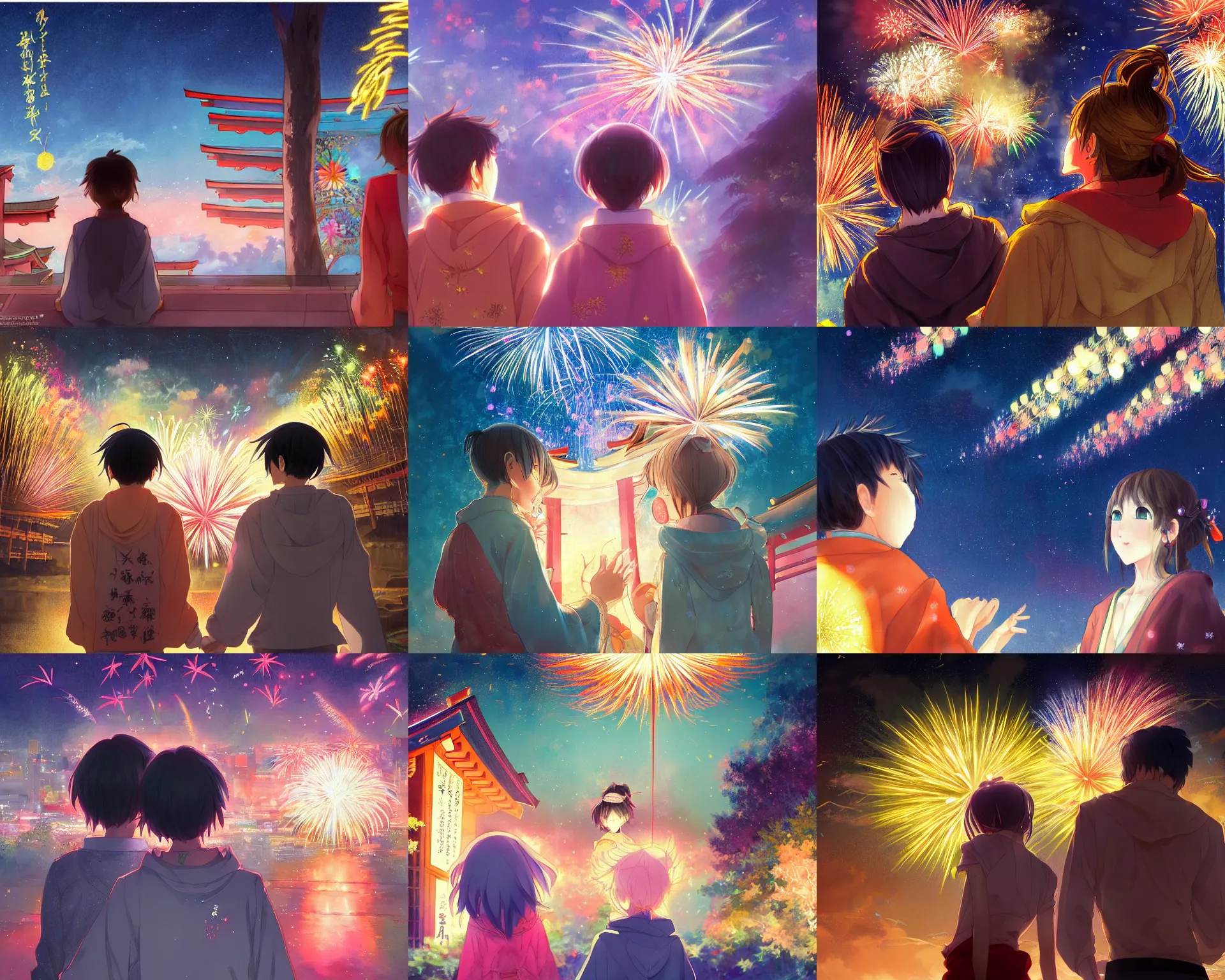 Image similar to beautiful anime painting of a boy and a girl from behind at a shinto shrine looking up at the night sky illuminated by colorful new years fireworks, by WLOP and Slawek Fedorczuk and rossdraws, trending on artstation, concept art