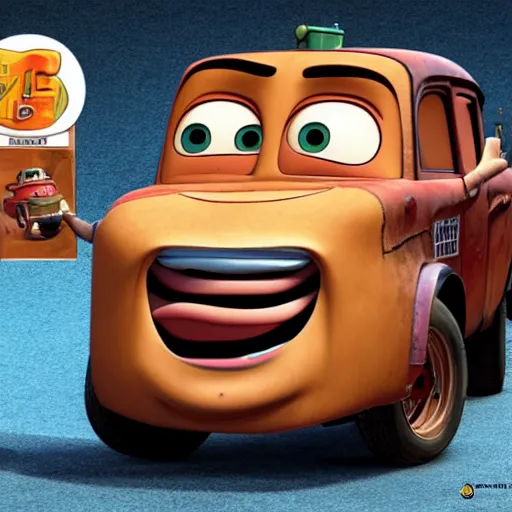 Prompt: full body photo, mater from cars as a human being, 4 k