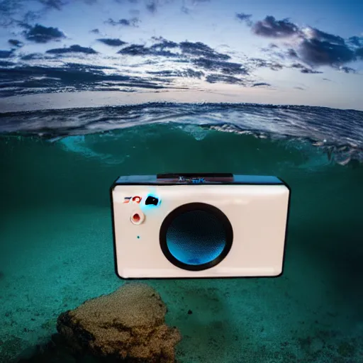 Image similar to 4 k sony a 7 wide angle photo stainless steel shiny reflective boombox speaker half submerged in water with a wave rolling over it in hawaii at dusk with neon lighting