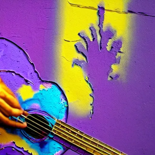 Image similar to dripping purple faded paint across the shape of a human playing guitar, realistic, extremely detailed, coming out of the building