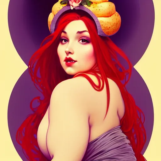 Image similar to curvy woman with a bundt cake on her head, digital art, cinematic, concept art, 8k, painting, imaginefx, cgsociety, art nouveau, Alphonse Mucha, trending on artstation, medium shot, head shot