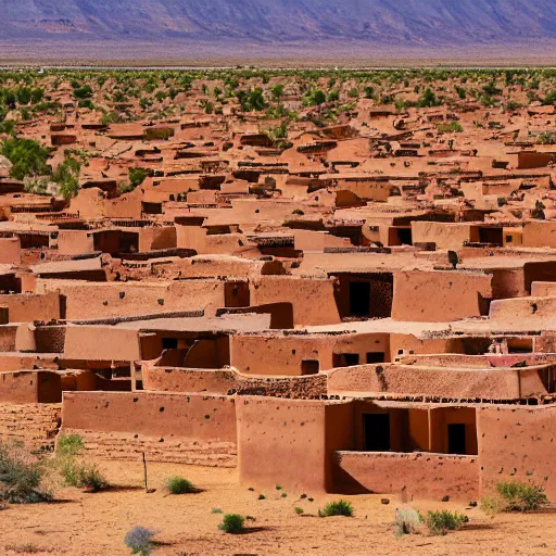 Prompt: A village of mud and bricks houses perched on top a wide mesa, in the Arizona desert. Scenic view, trending on 500px