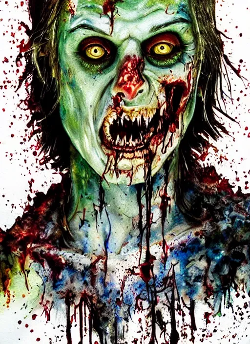 Image similar to zombie hollywood professional acting headshot, hyperrealism, david dennis, magazine cover person, intricate detailed, studio lighting, charming expression gesicht, hauntingly beautiful zombie, watercolor art, epic, legendary, drawn and painted, colored layers, dulled contrast, exquisite fine art, splatterpaint