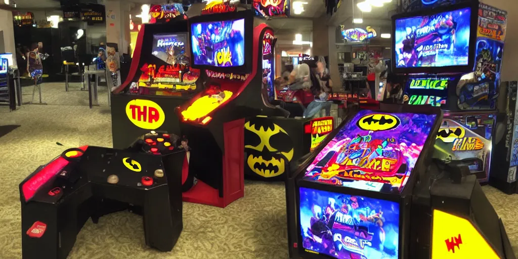 Image similar to batman playing arcade, rage quitting, photo