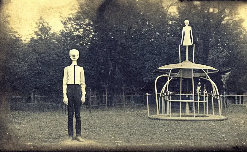 Image similar to a old daguerreotype photo of the slender man, standing still, waiting next to a merry go round in a kids park, grainy, old photo, golden ratio, scary, horror photography, 5 0 mm lens, f 1. 8