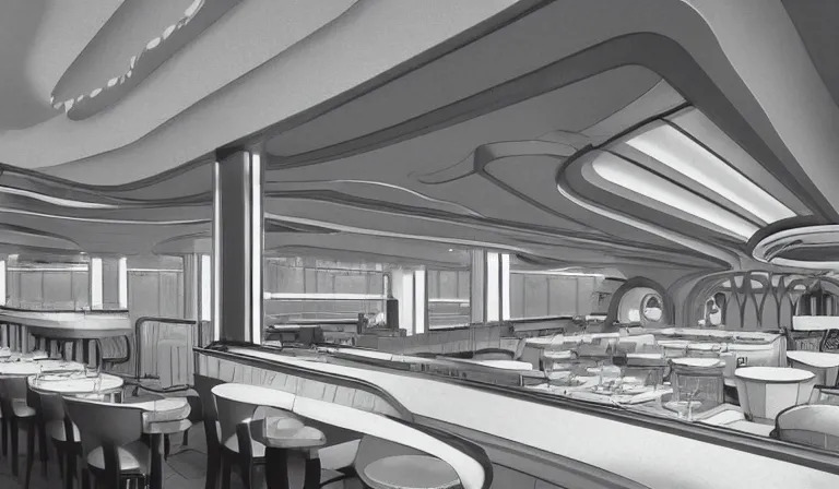 Image similar to a beautiful, sharp focus, clean lines. the interior of an art deco undersea restaurant. vaporwave ombre rendering. outrun style. trending on artstation. recommended for you behance. by chris moore. by edward hopper. ambient occlusion. digital matte painting. metropolis filmic. gotham city.