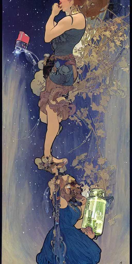 Image similar to a woman wearing outer space as a dress, pouring water from a vase into the milky way, by joe madura, by alphonse mucha, battle chasers.