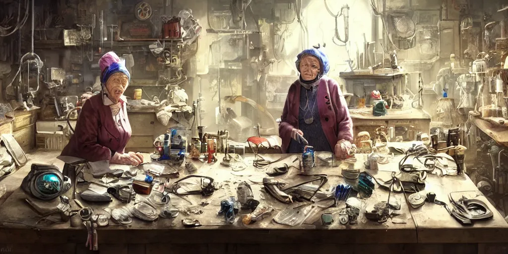 Prompt: an environmental concept art of an elderly russian woman cyberneticist in a cluttered workshop, surgical implements, surgery table, highly detailed, cinematic, dramatic, cyberpunk, dieselpunk, scifi