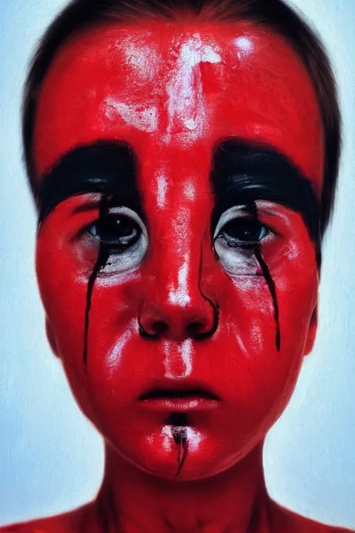 Prompt: hyperrealism oil painting, complete darkness background, close - up face portrait from up, nun fashion model, red paint on face, in style of classicism mixed with 8 0 s sci - fi japanese books art