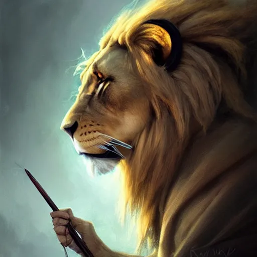 Image similar to an anthropomorphic half lion half human holding a wand,wizard,fantasy art,digital art,art by greg rutkowski,realiatic,photorealistic,hyperdetailed,detailed face,professional lighting,mysterious