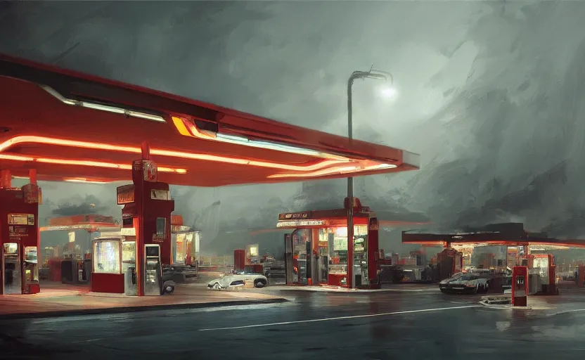 Image similar to Gas station, intricate, elegant, volumetric lighting, digital painting, highly detailed, artstation, sharp focus, illustration, concept art, ruan jia, steve mccurry