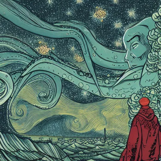 Image similar to Cthulhu, starry sky, Cthulhu Mythos, High detail, Ukiyoe, Comics, JamesJean, Caspar Friedrich, Zdzislaw Beksinsk