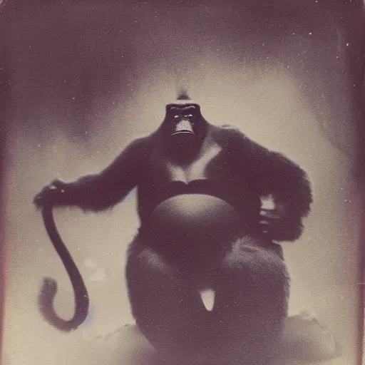 Image similar to tintype photo, underwater, King Kong and a squid