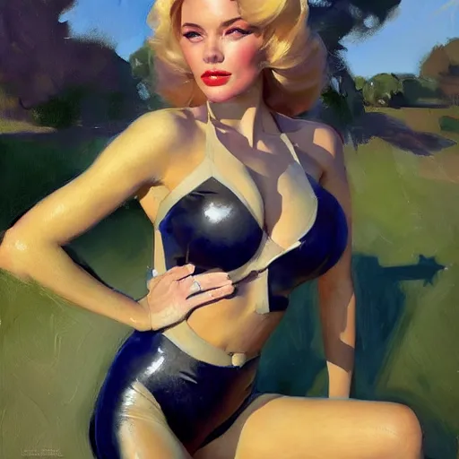 Prompt: greg manchess portrait painting of addison rae wearing a latex suit, medium shot, organic painting, sunny day, matte painting, bold shapes, hard edges, street art, trending on artstation, by huang guangjian and gil elvgren and sachin teng