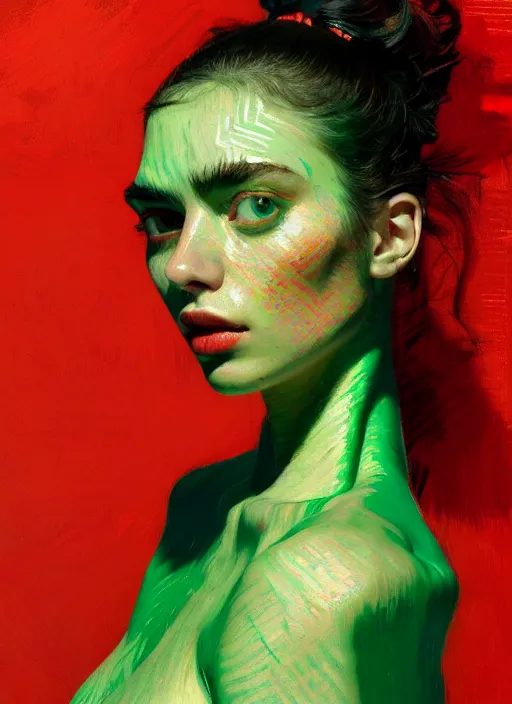 Prompt: close up portrait of yael shelbia, sensual, ecstatic, shades green and red, beautiful face, rule of thirds, intricate outfit, spotlight, by greg rutkowski, by jeremy mann, by francoise nielly, by van gogh, digital painting