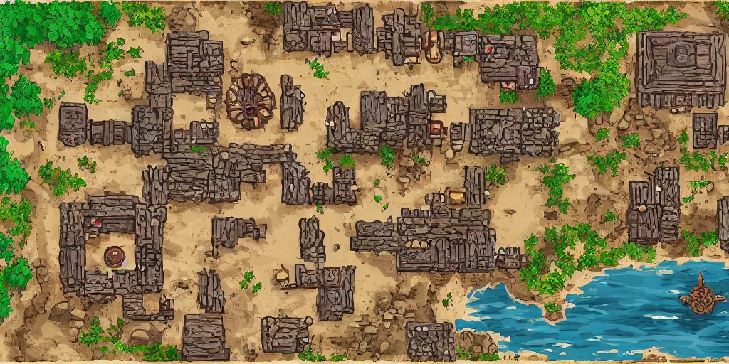 Image similar to A high detailed vector art presenting an aerial view of a RPG tavern by dungeondraft, dofus, Patreon content, containing tables and walls, HD, straight lines, vector, grid, dnd map, map patreon, fantasy maps, foundry vtt, fantasy grounds, aerial view ,dungeondraft , tabletop, inkarnate, dugeondraft, roll20