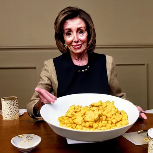 Image similar to a photograph of nancy pelosi wearing an army uniform while eating a large plate filled with scrambled eggs