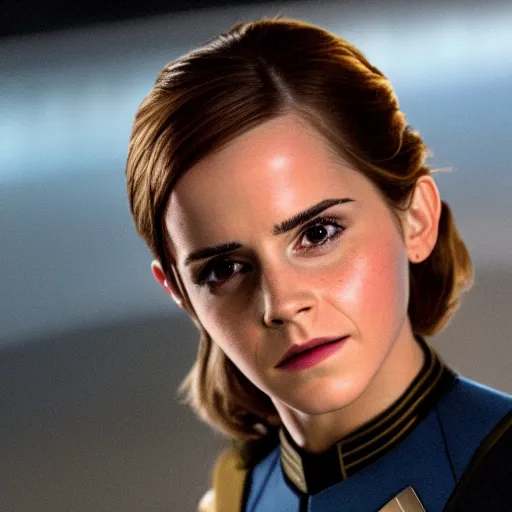 Image similar to Emma Watson in Star Trek, XF IQ4, f/1.4, ISO 200, 1/160s, 8K, Sense of Depth, color and contrast corrected, AI enhanced, Dolby Vision, symmetrical balance, in-frame