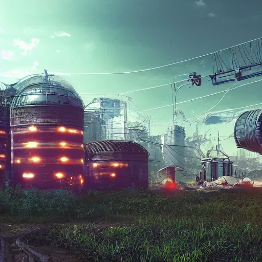 Image similar to fully detailed landscape of a cyberpunk farm , watertank, futuristic tractors, farmhouse, mushroom, overgrowth, Ai , cinematic lightening, in the future, high quality, 8k , octane render, trending on artstation , greg rutowski