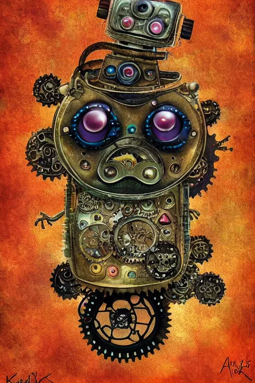 Prompt: robot pug, made of cogs, fairytale, magic realism, steampunk, mysterious, vivid colors, by andy kehoe, amanda clarke