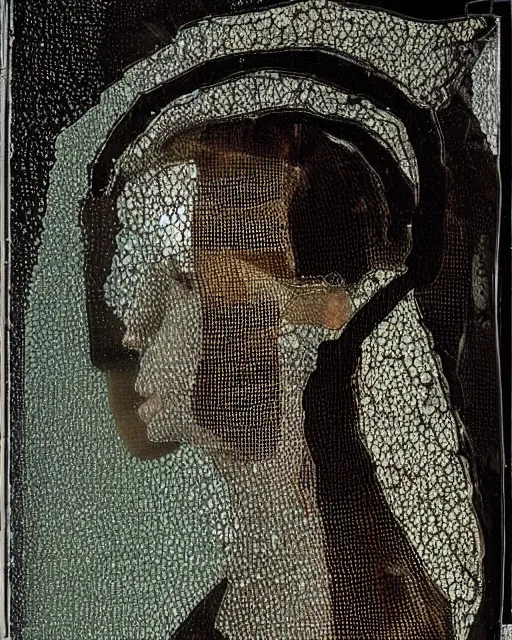 Prompt: a woman's face in profile, made of overlapping translucent glass shards, in the style of the Dutch masters and Gregory Crewdson, dark and moody