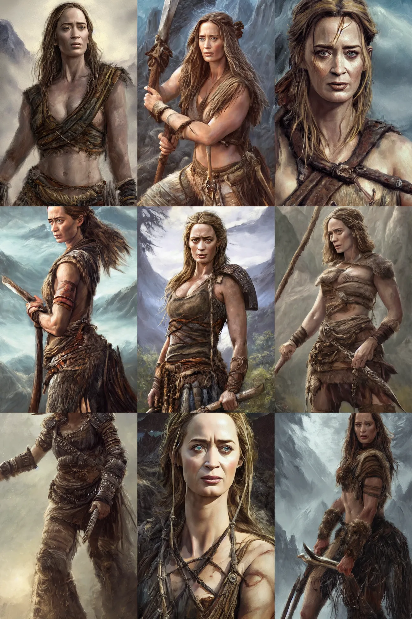 Prompt: a full body high detail fantasy portrait oil painting illustration of emily blunt as a single rugged stoic barbarian woman by Justin Sweet with face and body clearly visible, in a scenic background, pupils visible, realistic proportions, d&d, rpg, forgotten realms, artstation trending, high quality, sombre mood, artstation trending, muted colours, no crop, entire person visible!, natural light, Adobe Photoshop, Adobe Lightroom, photolab, Affinity Photo,