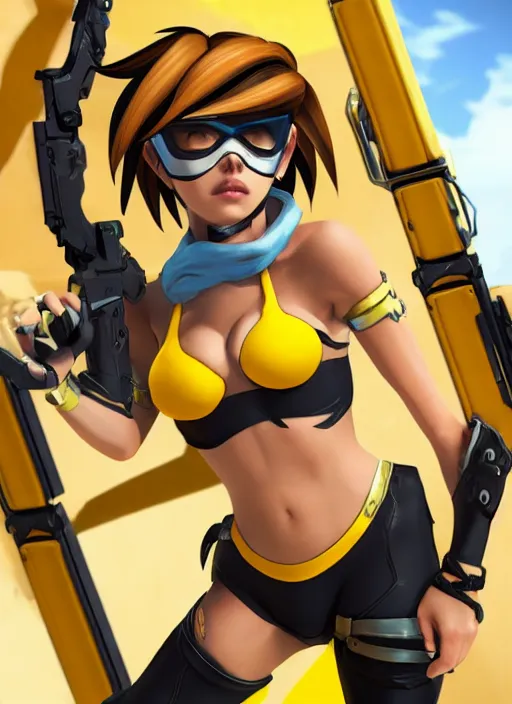 Image similar to tracer game character, in yellow bikini, blonde hair, black eyes, full height