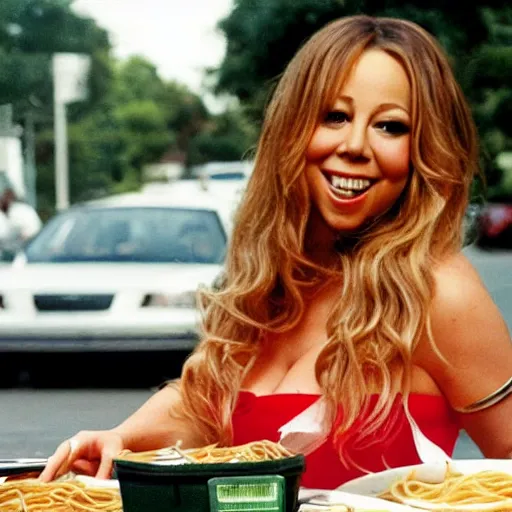 Image similar to mariah carey eating spaghetti, outside in parking lot