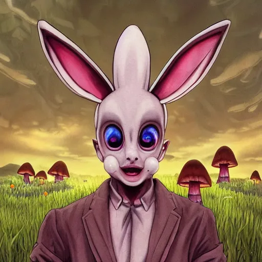 Image similar to 4 k headshot portrait of a psychedelic demonic anthropomorphic bunny rabbit with mushroom themed clothes, magic mushroom village in background. award winning. superb resolution. in the art style of junji ito and greg rutkowski. detailed mushroom city in background. hyper realistic anime. perfect art. dalle 2