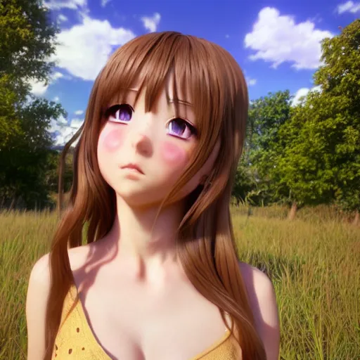 Image similar to Render of a very beautiful 3d anime girl, long hair, hazel eyes, cute freckles, full round face, short smile, cute sundress, golden hour, serene clouds setting, medium shot, mid-shot, highly detailed, trending on Artstation, Unreal Engine 4k