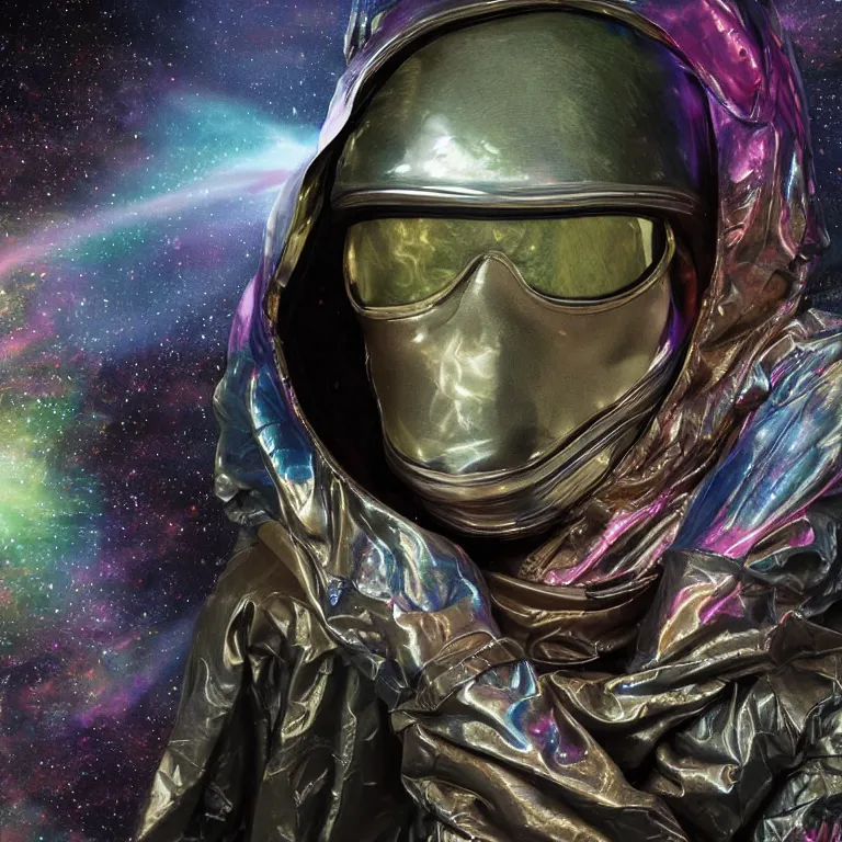 Prompt: dark and moody octane render portrait by wayne barlow and carlo crivelli and glenn fabry, subject is a woman covered in tie - dye aluminum foil space suit with a colorful metallic space helmet, surrounded by alien plants, fog and mist, cinema 4 d, ray traced lighting, very short depth of field, bokeh