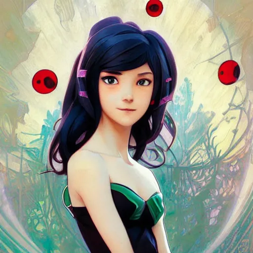 Image similar to Portrait of Marinette from Miraculous Ladybug. Art by Greg Rutkowski and Alphonse Mucha