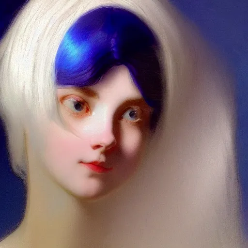 Prompt: a young woman's face, her hair is white and she wears a cobalt blue satin cloak, by ivan aivazovsky and syd mead and moebius and gaston bussiere and roger dean and pieter claesz and paul delaroche and alma tadema and willem claesz heda, hyperrealistic, volumetric light, octane render