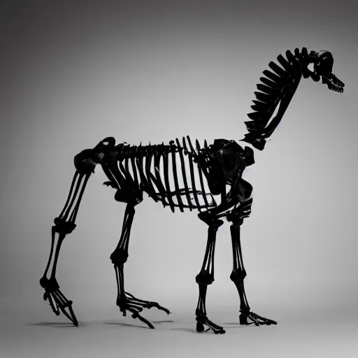 Image similar to an anatomical correct skeleton of a unicorn walking in a black room, photographed by andrew thomas huang