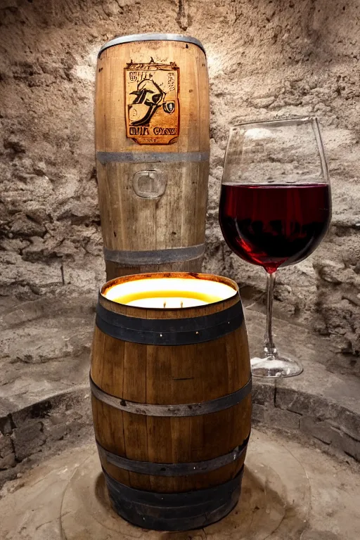 Prompt: pork schnapps wine candle on a barrel in a cellar